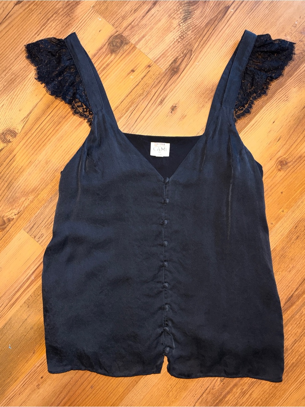 Cami NYC Lace Strap Button Silk Tank L
